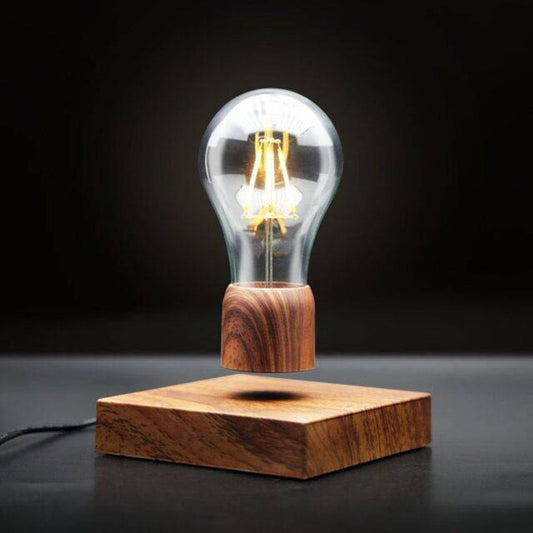 wooden, unique, cool lamp floating over a base