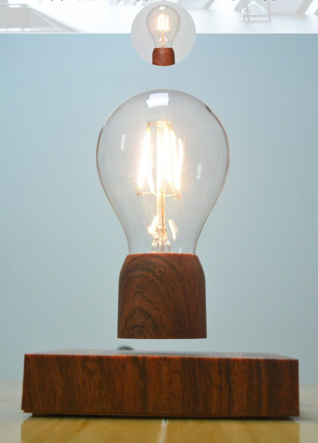 magnetic levitation wood bulb hovering over a wooden base