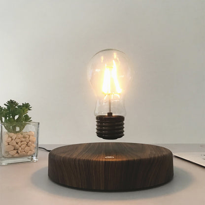 magnetic levitation cool unique lamp, with a bulb floating above a wooden base