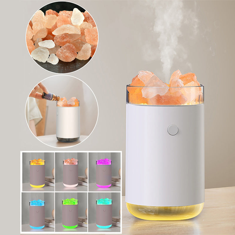 salt rocks with essential oil diffuser and different light colors