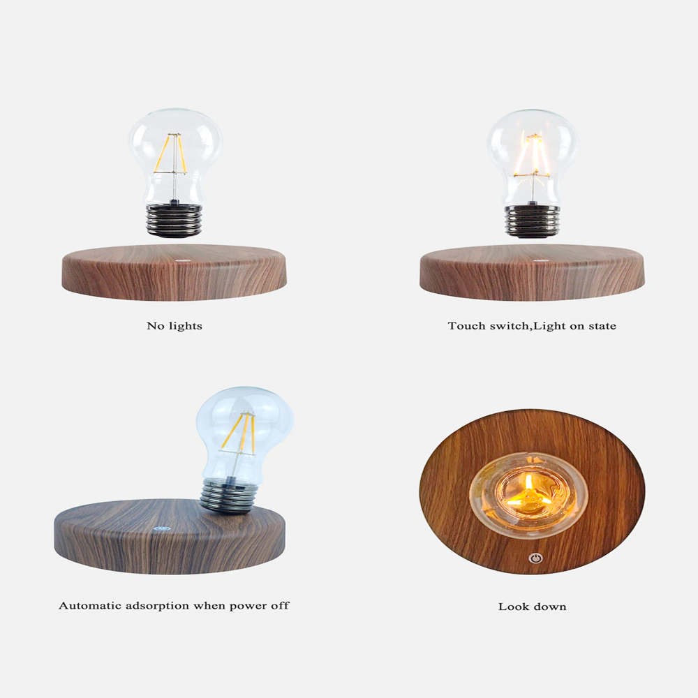 4 images of the bulb showing the usage of the magnetic levitating cool unique lamp 